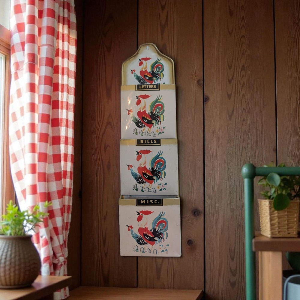 Vintage 1950 Rooster Tin Wall Mount Letter Bills Misc Mail Organizer Wall Decor